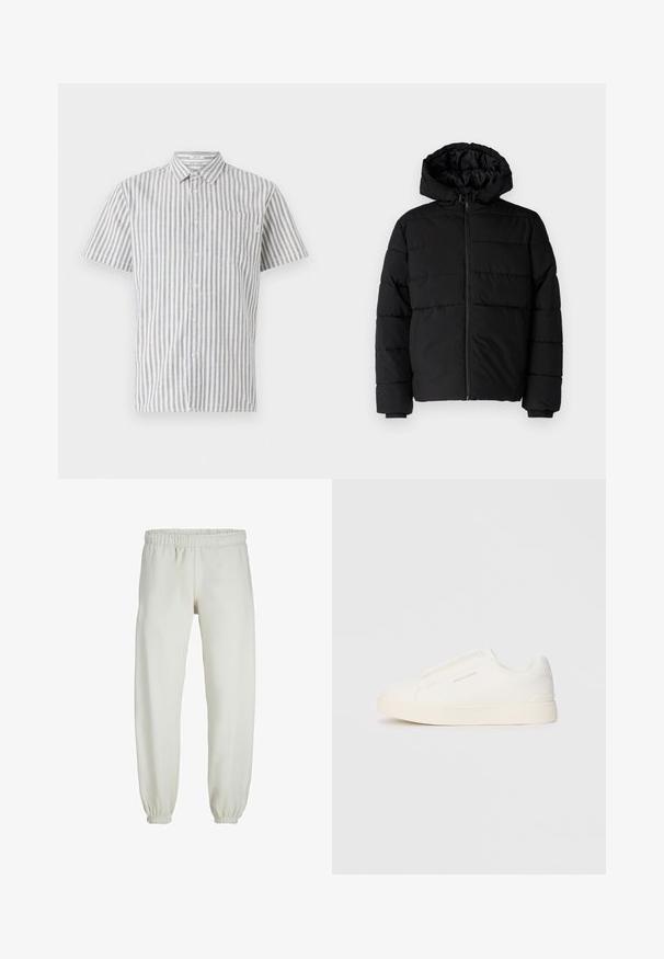 Crni puffer kaput s patentnim zatvaračem sprijeda, kapuljačom i horizontalnim šavovima. Izrađen od glatkog, izdržljivog materijala s rebrastim manžetama.; Košulja kratkih rukava s gumbima, u bijelim i plavim vertikalnim prugama, s džepom na prsima i klasičnim dizajnom ovratnika. Mješavina pamuka.; Bijele trenirke napravljene od mekanog materijala, s elastikom u struku i na manžetama, glatke teksture i labavog kroja.; Bijele slip-on tenisice s teksturiranom površinom, debelim đonom i minimalističkim dizajnom. Sadrže logo branda sa strane.