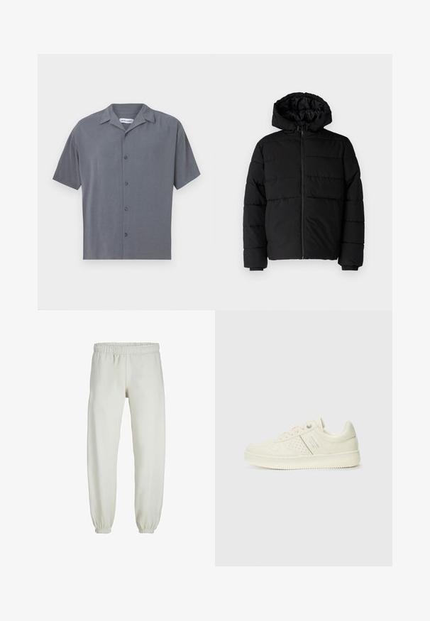 Giacca a vento nera con zip frontale, cappuccio e design a righe orizzontali. Realizzata in un tessuto liscio e resistente con polsini a coste.; Camicia a maniche corte, con bottoni, di colore grigio scuro, realizzata in tessuto morbido. Presenta un colletto a bavero e sei bottoni frontali. Design minimalista.; Pantaloni tuta bianchi realizzati in tessuto morbido, dotati di vita e polsini elastici, con una texture liscia e una vestibilità ampia.; Sneaker color crema con dettagli perforati, lacci e logo sul lato, esposta su uno sfondo bianco semplice.