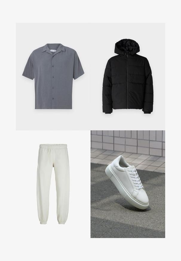 Fekete puff dzseki cipzárral elöl, kapucnival és vízszintes steppelt mintázattal. Simább, tartós anyagból készült, bordázott mandzsettákkal.; Rövid ujjú, gombos ing sötétszürke színben, sima anyagból készült. Széles gallérral és hat elülső gombbal rendelkezik. Minimalista design.; Fehér melegítőnadrág, puha anyagból készült, rugalmas derékrésszel és mandzsettával, sima tapintású és laza szabású.; Fehér bőr sportcipő sima felülettel, kerek orral és lapos fehér fűzőkkel. Texturált gumitalppal és minimális dizájnelemekkel rendelkezik.