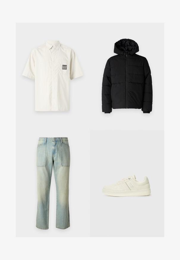 Casaco puffer preto com fecho de correr, capuz e design acolchoado horizontal. Feito de um tecido liso e durável com punhos canelados.; Camisa de manga curta em creme, feita de algodão, com fecho de botão à frente e um bolso no peito com o logótipo GAP em preto, em contraste.; Jeans de ganga azul claro com corte reto, costura visível e dois grandes bolsos frontais. O tecido tem uma textura desbotada.; Sapatilha de cor creme com detalhes perfurados, atacadores e logotipo na lateral, apresentada contra um fundo branco liso.