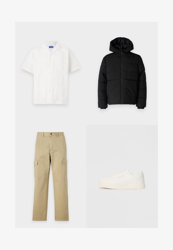 Must värvi puffernahk, millel on seljaed, kapuuts ja horisontaalne õmblusdisain. Valmistatud sujuvast, vastupidavast kangast ja ribakujuliste varrukaotste jaok.; Valge lühikeste varrukatega särk nööbiga kinnituses, millel on keerukad mustrid esiosas ja klassikaline krae disain.; Beige cargos, mis on valmistatud puuvillast, sisaldavad kahte küljetaskut, nööbiga sulgemist ja sirgeid jalgu, millel on kergelt tekstureeritud kangas.; Valged libisemiskindlad tossud tekstuuriga pinnaga, paksu tallaga ja minimalistikus disainis. Küljel on brändi logo.