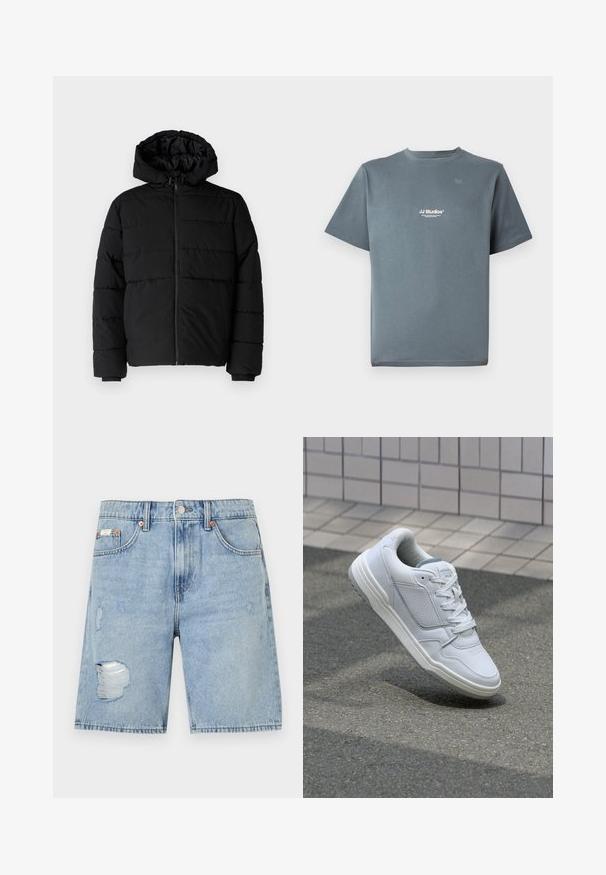 Svart boblejakke med glidelås foran, hette og horisontalt quiltet design. Laget av et glatt, slitesterkt stoff med ribbede cuffs.; Grå bomull T-skjorte med rund hals, korte ermer, og en liten hvit "JJ Studios" logo på brystet. Glatt tekstur og avslappet passform.; Jeanshorts i lys blå med et slitt design. Har frynset kant, lapper, fem lommer og metallknapplukking.; Hvite lær sneakers med perforerte sider, teksturerte detaljer, flate lisser og en kontrasterende grå hæl. Har en lite hevet såle.