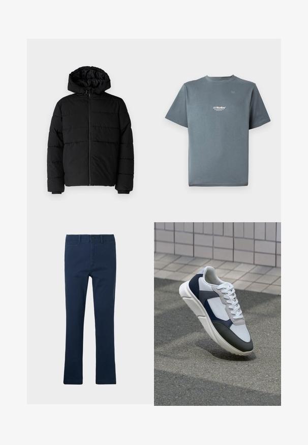 Black puffer jacket featuring a zip front, a hood, and horizontal quilted design. Made of a smooth, durable fabric with ribbed cuffs.; Gray cotton t-shirt with a crew neck, short sleeves, and a small white "JJ Studios" logo on the chest. Smooth texture and relaxed fit.; Navy blue cotton trousers with a straight leg design, featuring front pockets, a zip fly, and a single button closure.; White, navy, and gray sneaker with a mixed material design, featuring a textured upper, flat laces, and a cushioned sole.