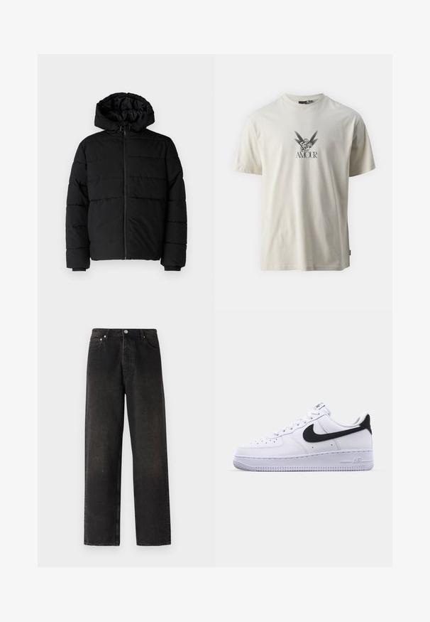 Casaco puffer preto com fecho de correr, capuz e design acolchoado horizontal. Feito de um tecido liso e durável com punhos canelados.; T-shirt de algodão em tom creme, apresentando um design gráfico de um querubim e asas, com a palavra "AMOUR" em texto preto abaixo da imagem.; Calças de ganga pretas com um design de perna reta, apresentando um estilo de cinco bolsos, botão de latão e variações de textura subtis no tecido.; Sapatilha branca de couro com um Swoosh preto texturizado, atacadores planos e uma sola de borracha com um padrão estriado. "AIR" está gravado no calcanhar.