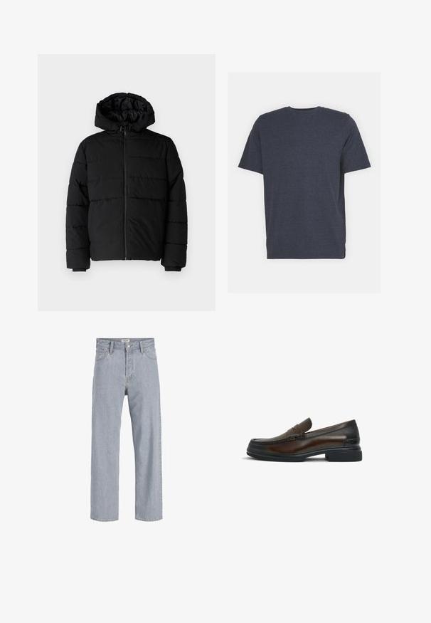 Juodas pūkinis švarkas su užtrauktuku priekyje, gaubtu ir horizontaliai siuvinėtu dizainu. Pagamintas iš lygaus, tvirto audinio su raukiniais ant rankovių.; Jūrų mėlynos spalvos apvalaus kaklo marškiniai, pagaminti iš minkštos medvilnės mišinio, su trumpomis rankovėmis ir įprastu kirpimu. Nėra matomų raštų ar akcentų.; Šviesiai mėlynos džinsinės kelnės su laisvu siluetu, tiesiomis kojomis, matomomis siūlėmis, dviem priekiniams kišenėmis ir mygtukų užtrauktuku.; Rudos odinės loafers tipo avalynės su apvalia nosimi, siuvinėtomis detalėmis viršuje, lygiu paviršiumi ir kontrastingu juodu guminio pado.