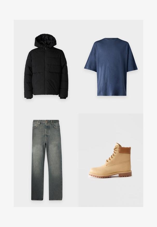 Black puffer jacket featuring a zip front, a hood, and horizontal quilted design. Made of a smooth, durable fabric with ribbed cuffs.; Navy blue short-sleeve T-shirt, made of soft fabric, features a classic crew neck and relaxed fit, with no visible patterns or accents.; Jack & Jones JJIALEX JJCOOPER - Baggy Jeans - black denim; Light brown leather ankle boot with padded collar, gold eyelets, tan laces, and thick lug sole on plain light background.