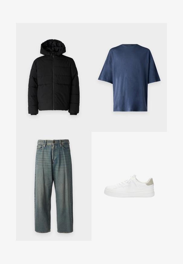 Jachetă puffer neagră cu fermoar în față, glugă și un design matlasat orizontal. Fabricată dintr-un material neted și rezistent, cu manșete ribbate.; Tricou navy blue cu mânecă scurtă, realizat dintr-un material moale, prezintă un guler clasic și o croială lejeră, fără modele sau accente vizibile.; Jeans din denim bleu deschis, cu o croială lejeră, talie medie și picioare drepte. Au cinci buzunare, bucle pentru curea și închidere cu nasture.; Adidași din piele albă, cu o talpă texturată albă, șireturi plate și un accent din suede bej pe călcâi. Detalii de cusătură pe laterale.