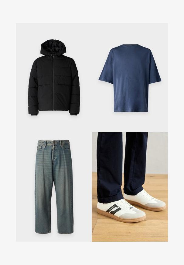 Musta puhvijakku, jossa on vetoketjukiinnitys, huppu ja vaakasuora tikkauksen rakenne. Valmistettu sileästä, kestävästä kankaasta, jossa on röpelöiset hihansuut.; T-paita tummansinisestä pehmeästä kankaasta, lyhythihainen, klassinen pyöreä kaula-aukko ja rento istuvuus, ilman näkyviä kuvioita tai yksityiskohtia.; Vaaleansiniset farkut, joissa on väljä istuvuus, keskikorkea vyötärö ja suorat lahkeet. Ominaisuuksiin kuuluvat viisi taskua, vyölenkit ja nappisulku.; Valkoiset ja harmaat tennarit mustilla raidoilla, valmistettu nahasta, mukana kumipohja ja litteät nauhat. Yhdistettynä tummansinisiin housuihin puulattialla.