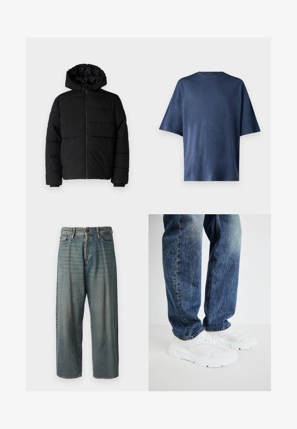 Must värvi puffernahk, millel on seljaed, kapuuts ja horisontaalne õmblusdisain. Valmistatud sujuvast, vastupidavast kangast ja ribakujuliste varrukaotste jaok.; Tumesinine lühikeste varrukatega T-särk, valmistatud pehmest kangast, omab klassikalist ümarat kaelust ja mugavat lõiget, ilma nähtavate mustrite või aktsentideta.; Heledad sinine denim-stiilis teksad, volüümse lõike, keskmise kõrgusega talje ja sirgete säärega. Omab viit taskut, vöökumme ja nööpide sulgemist.; Valged spordijalatsid tekstuursete paneelidega ja paksu tallaga, kombineeritud siniste teksadega, millel on pehme pesu ja sirge lõikega sääred.