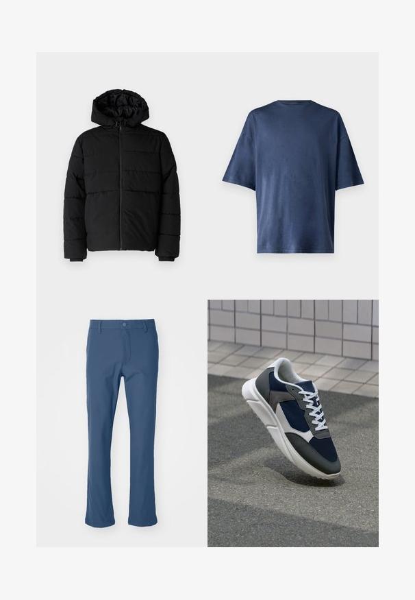 Melna pūkainā jaka ar rāvējslēdzēju priekšā, kapuci un horizontālu quiltēšanas dizainu. Izgatavota no gludas, izturīgas auduma ar ribotām piedurknēm.; Navy zila īsām piedurknēm T-kreklā, izgatavots no mīksta auduma, ar klasisku apaļu kaklu un brīvu piegriezumu, bez redzamām rakstu vai akcentu detaļām.; Zilas, taisnas kājas bikses, kas izgatavotas no gludas auduma ar pogu aizdari un rāvējslēdzēju. Iekļauj sānu kabatas un tīru, izsmalcinātu dizainu.; Sporta apavi ar tumši zilas krāsas tīkla augšdaļu, pelēku zamšādas akcentiem, baltu gumijas zoli un plakaniem baltiem šņorēm, kas izstrādāti komfortam un elpojamībai.
