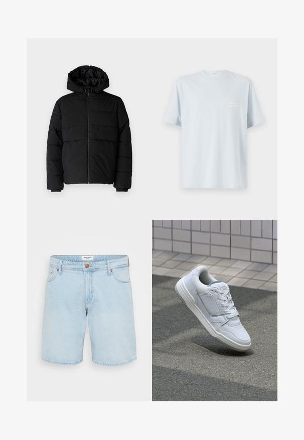 Black puffer jacket featuring a zip front, a hood, and horizontal quilted design. Made of a smooth, durable fabric with ribbed cuffs.; Light blue cotton t-shirt with a crew neckline and short sleeves. Features a small white logo on the left chest area. Smooth texture.; Light blue denim shorts with a standard fit, five pockets, a single metal button closure, and subtle fading on the fabric.; White leather sneaker with perforated sides, textured accents, flat laces, and a contrasting gray heel. Features a slightly elevated sole.