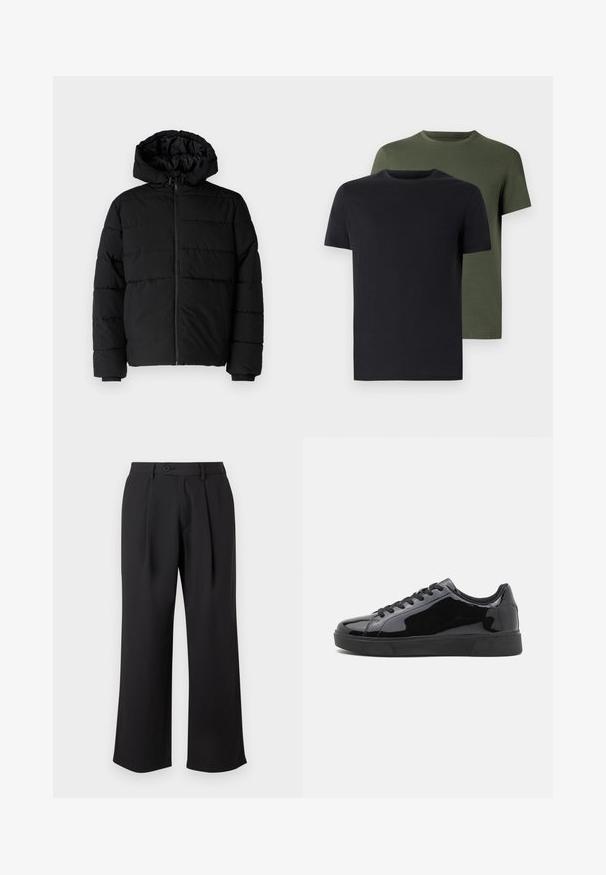 Črna puhovka z zadrgo spredaj, kapuco in vodoravno šivano obliko. Narejena je iz gladkega, trpežnega materiala z rebrastimi manšetami.; Dve majice s okroglim izrezom v črni in olivno zeleni barvi, narejene iz mehkega bombažnega materiala. Oblikovanje je preprosto, z kratkimi rokavi in ravnim krojem.; Črne široke hlače iz gladkega materiala, ki imajo sprednji nagib, gumbasto zapiranje in stranske žepe.; Črne patentne usnjene športne copate z okroglo konico, ravnim gumijastim podplatom in črnimi vezalkami. Gladka, sijoča tekstura na zgornji površini.