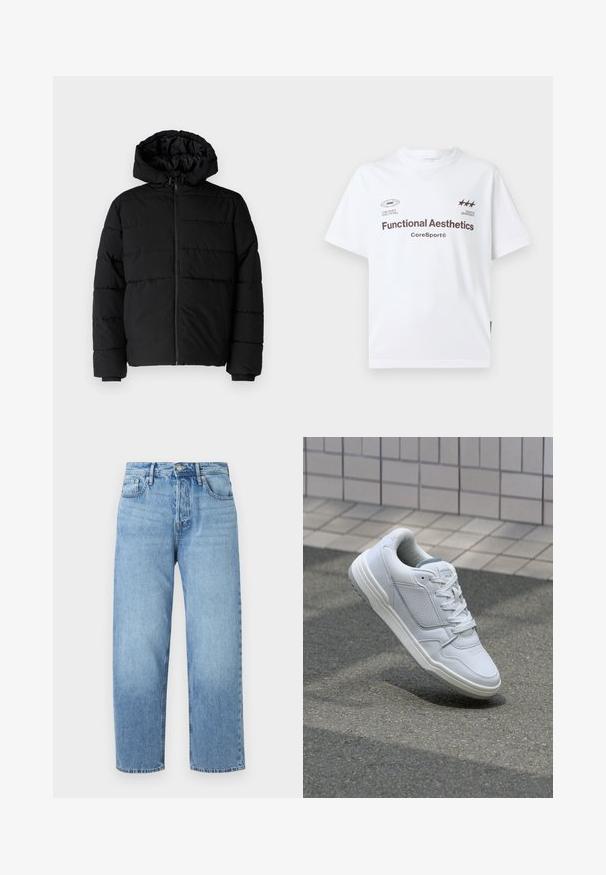 Melna pūkainā jaka ar rāvējslēdzēju priekšā, kapuci un horizontālu quiltēšanas dizainu. Izgatavota no gludas, izturīgas auduma ar ribotām piedurknēm.; Balta kokvilnas T-kreks ar īsām piedurknēm, kuram ir brūna krāsas teksts un logo. Vienkārša apaļa kakla izgriezums, nedaudz brīvs piegriezums, minimālistisks dizains.; Gai zils džinsu audums ar taisnu kāju dizainu, augstu jostasvietu, piecām kabatām un nemanāmu nodilumu. Iezīmēts ar pogas aizdari un jostu cilpām.; Baltas ādas sporta apavi ar perforētiem sāniem, teksturētām akcentiem, plakanu šņorēšanu un kontrastējošu pelēku papēdi. Iezīmē nedaudz paaugstinātu zole.