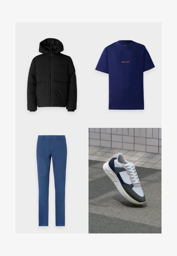 Svart boblejakke med glidelås foran, hette og horisontalt quiltet design. Laget av et glatt, slitesterkt stoff med ribbede cuffs.; Marineblå bomull t-skjorte med korte ermer. Har en liten, oransje brodert logo på brystet. Klassisk rund hals-designer.; Slank passform blå bomullsbukser med flat front, beltehemper og en enkelt knappelukking i livet. Rent design uten synlige mønstre.; Hvitt, marineblått og grått sportsko med en blandet materialdesign, som har en teksturert overdel, flate snørebånd og en polstret såle.