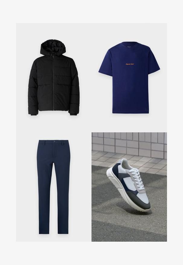 Musta puhvijakku, jossa on vetoketjukiinnitys, huppu ja vaakasuora tikkauksen rakenne. Valmistettu sileästä, kestävästä kankaasta, jossa on röpelöiset hihansuut.; T-paita tummansinisestä puuvillasta, jossa on lyhyet hihat. Rinnassa pieni oranssi brodeerattu logo. Klassinen pyöreä kaulus.; Tummansiniset housut, jotka on valmistettu sileästä kankaasta. Niissä on napitus, etutaskut ja muotoiltu suora lahkeiden malli.; Valkoinen, laivastonsininen ja harmaa tennari sekamateriaalimuotoilulla, jossa on teksturoitu päällinen, litteät nauhat ja pehmustettu pohja.