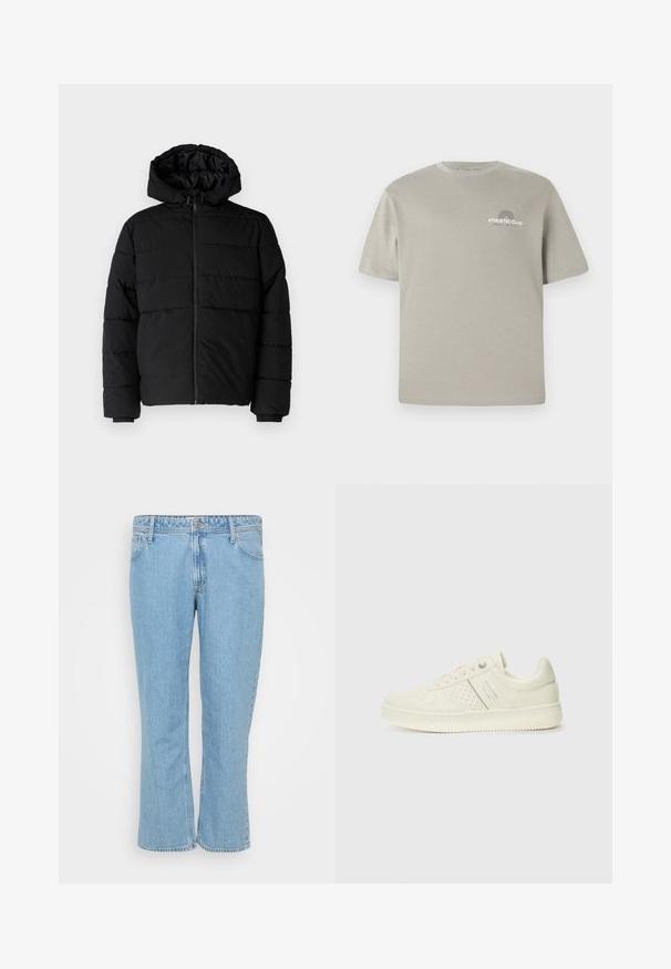 Jachetă puffer neagră cu fermoar în față, glugă și un design matlasat orizontal. Fabricată dintr-un material neted și rezistent, cu manșete ribbate.; Tricou din bumbac de culoare gri deschis, cu mâneci scurte, decolteu rotund și un grafic mic "ATHLETIC CLUB" pe piept. Textură netedă.; Jeans din denim de culoare albastru deschis, cu un design drept, având un stil cu cinci buzunare și o închidere cu buton la talie.; Adidași crem cu detalii perforate, șireturi și logo pe lateral, expuși pe un fundal alb simplu.
