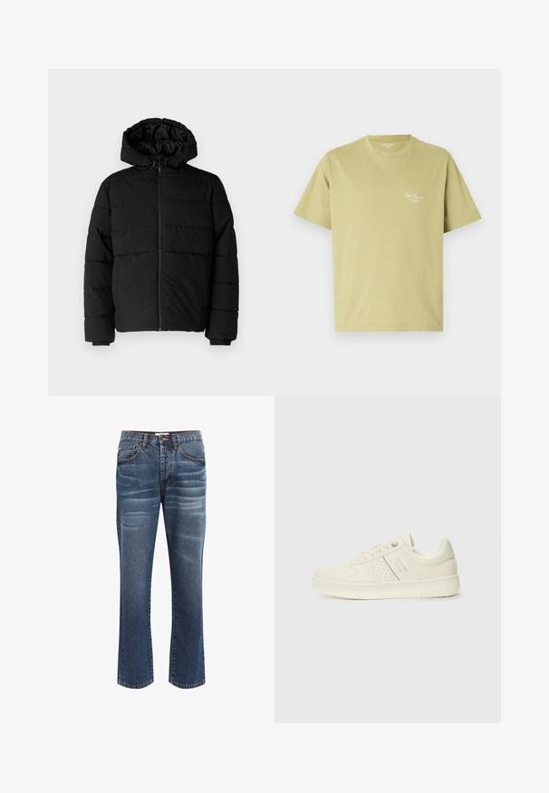 Čierna puff jacket s predným zipsom, kapucňou a horizontálnym prešívaním. Vyrobená z hladkej, odolnej tkaniny s rebrovanými manžetami.; Svetlozelené bavlnené tričko s krátkymi rukávmi, okrúhlym výstrihom a malým bielym logom na text v oblasti ľavej hrude.; Jeansy z denimu v tmavo modrej farbe s ľahkým vyblednutím. Obsahujú päť vreciek, zapínanie na gombík a prešité detaily pozdĺž okrajov.; Krémová teniska s perforovanými detailmi, šnúrkami a logom na boku, vystavená na jednoduchej bielej pozadí.