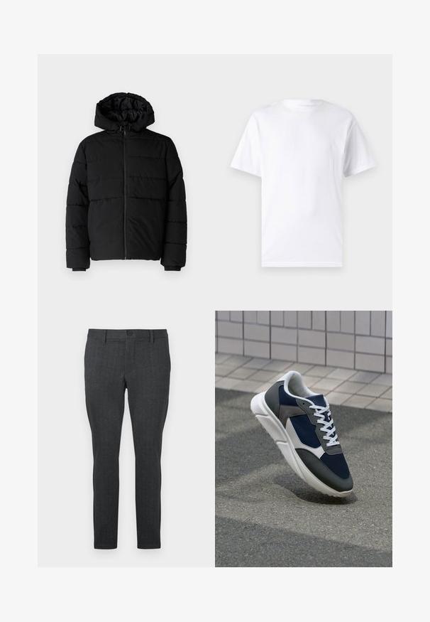 Musta puhvijakku, jossa on vetoketjukiinnitys, huppu ja vaakasuora tikkauksen rakenne. Valmistettu sileästä, kestävästä kankaasta, jossa on röpelöiset hihansuut.; Valkoinen lyhythihainen t-paita, joka on valmistettu puuvillasta, ja siinä on pyöreä kaula-aukko. T-paidassa on sileä pinta ja yksinkertainen muotoilu ilman kuvioita tai koristeita.; Tummanharmaat housut, joissa on teksturoitu kuvio, slim fit -malli, normaali vyötärö yksinkertaisella napilla ja suorat lahkeet, suunniteltu modernia ilmettä varten.; Kengät, joissa on tummansininen verkkopäällinen, harmaat mokka-yksityiskohdat, valkoinen kumipohja ja litteät valkoiset nauhat, suunniteltu mukavuutta ja hengittävyyttä varten.