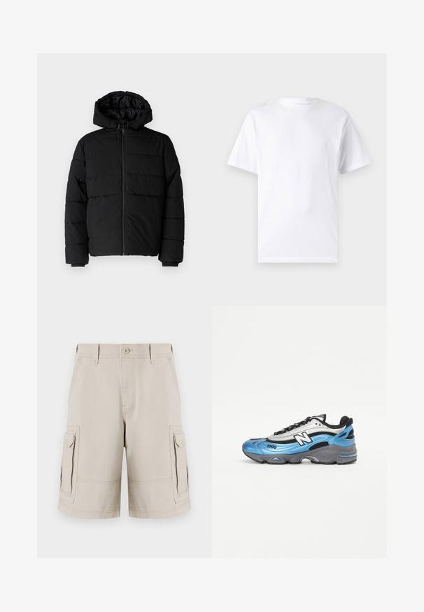 Crni puffer kaput s patentnim zatvaračem sprijeda, kapuljačom i horizontalnim šavovima. Izrađen od glatkog, izdržljivog materijala s rebrastim manžetama.; Bijela kratka majica s kratkim rukavima od pamuka s okruglim izrezom, s glatkom teksturom i jednostavnim dizajnom bez uzoraka ili naglasaka.; Khačarice od pamuka s bočnim žepovima, dugmetom za zatvaranje i dvostruko šivenim šavovima za izdržljivost.; Plava i srebrna atletska cipela od mrežastih i sintetičkih materijala, s debelim siva potplatom i istaknutim crnim detaljima. Broj modela 1000 je vidljiv.