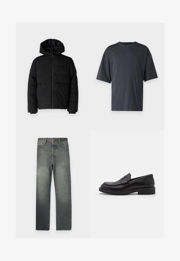 Black puffer jacket featuring a zip front, a hood, and horizontal quilted design. Made of a smooth, durable fabric with ribbed cuffs.; Dark gray short-sleeve t-shirt made of lightweight cotton, featuring a loose fit and classic crew neckline, with plain texture and no patterns.; Jack & Jones JJIALEX JJCOOPER - Baggy Jeans - black denim; Black leather loafers with a rounded toe, tonal stitching, and a strap detail across the front. Rubber sole with a low heel.