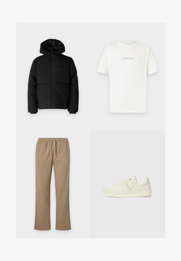 Juodas pūkinis švarkas su užtrauktuku priekyje, gaubtu ir horizontaliai siuvinėtu dizainu. Pagamintas iš lygaus, tvirto audinio su raukiniais ant rankovių.; Balta medvilninė marškinėliai trumpomis rankovėmis ir apvaliu iškirpimu. Viduryje esantis tekstas sako "SVEIKI ATVYKĘ Į PARADISĄ" kreiptu žaliu šriftu.; Bežinės kelnės su tekstūrizuotu raštu, turinčios elastinę liemenį su raišteliu. Tiesios kojos dizainas su šiek tiek išplėstu apačiu.; Kremo spalvos sportbačiai su perforuotomis detalėmis, raišteliais ir logotipu šone, išdėstyti prieš paprastą baltą foną.