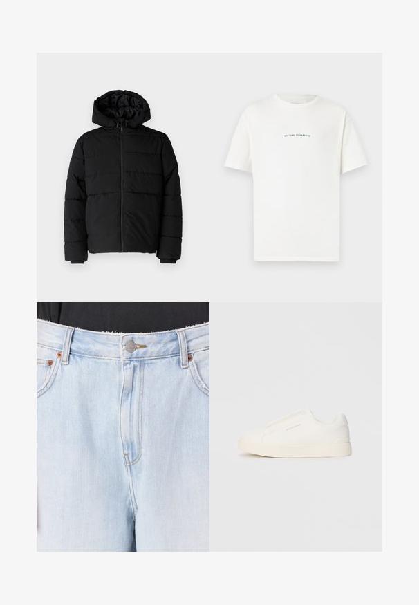Černá péřová bunda s předním zipem, kapucí a vodorovným prošíváním. Vyrobena z hladké a odolné látky s žebrovanými manžetami.; Bílý bavlněný tričko s krátkým rukávem a kulatým výstřihem. Uprostřed je napsáno "VÍTÁME V RÁJI" křivým zeleným písmem.; Světle modré džíny z denimu s roztrženým lemem, stříbrným zavíráním na knoflík a měděnými nýty. Jsou zdobeny viditelným šitím a předními kapsami.; Bílé slip-on tenisky s texturovaným povrchem, silnou podešví a minimalistickým designem. Na boku je umístěno logo značky.