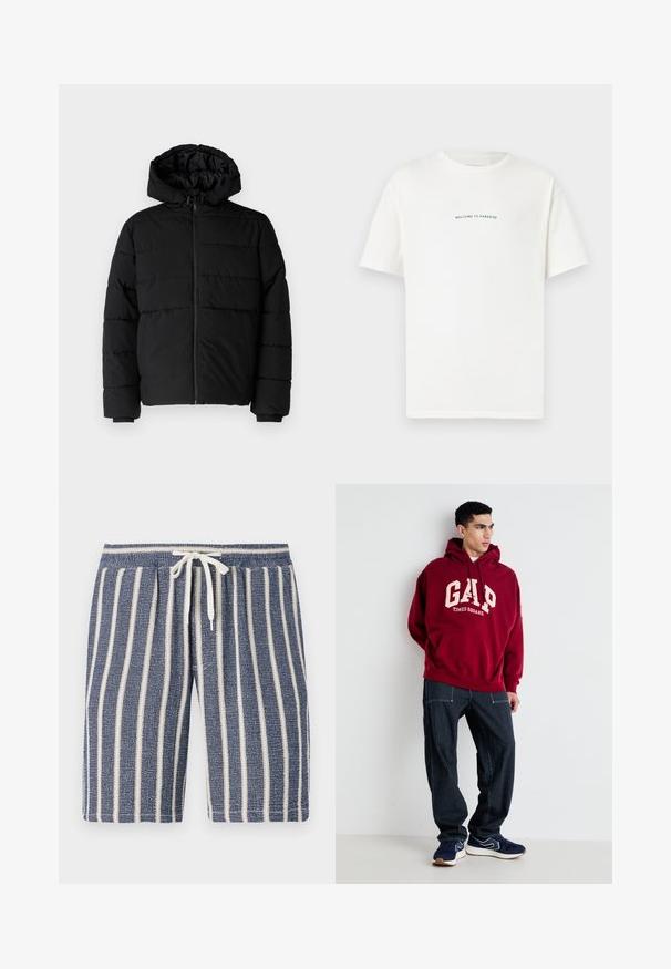 Giacca a vento nera con zip frontale, cappuccio e design a righe orizzontali. Realizzata in un tessuto liscio e resistente con polsini a coste.; T-shirt bianco in cotone con maniche corte e colletto a girocollo. Il testo centrato recita "BENVENUTO IN PARADISO" in un font verde curvo.; Shorts strutturati blu navy con strisce verticali bianche, vita elasticizzata e dettaglio con coulisse. Design casual adatto per il clima caldo.; Felpa bordeaux con "GAP" e "TIMES SQUARE" stampati in crema, abbinata a pantaloni a righe blu scuro e sneakers blu scuro con dettagli bianchi.
