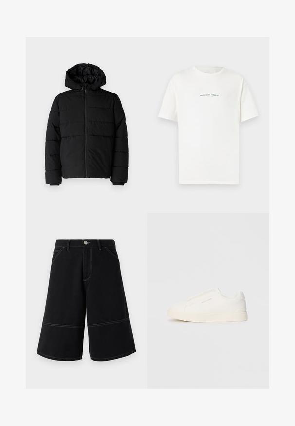 Must värvi puffernahk, millel on seljaed, kapuuts ja horisontaalne õmblusdisain. Valmistatud sujuvast, vastupidavast kangast ja ribakujuliste varrukaotste jaok.; Valge puuvillane T-särk lühikeste varrukatega ja ümar kaelus. Keskel on tekst "TERE TULEMA PARADISSE" kaardus rohelises fondis.; Mustadest denimitest lühikesed püksid laia jala disainiga, kontrastsete kollaste õmblustega ja ees taskutega. Kangas on sile ja tugev.; Valged libisemiskindlad tossud tekstuuriga pinnaga, paksu tallaga ja minimalistikus disainis. Küljel on brändi logo.