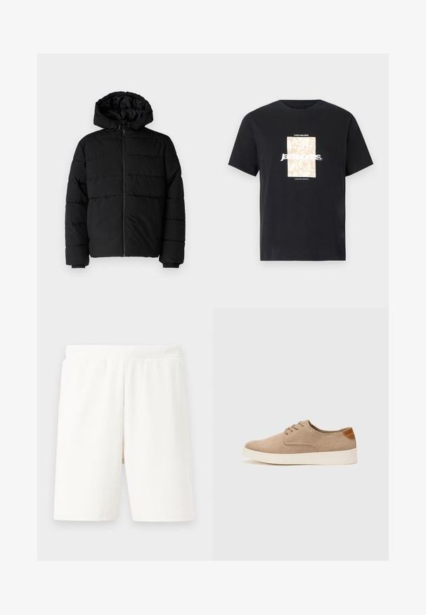 Čierna puff jacket s predným zipsom, kapucňou a horizontálnym prešívaním. Vyrobená z hladkej, odolnej tkaniny s rebrovanými manžetami.; Čierne bavlnené tričko s okrúhlym výstrihom. Na prednej strane sa nachádza béžová obdĺžniková grafika s bielym textom "JAWO," ktorý je umiestnený na stred. Krátke rukávy.; Biele rebrované šortky s elastickým pásom, s rovný strihom a jemným materiálom, vhodné na neformálne nosenie.; Béžové semišové tenisky s okrúhlou špičkou, šnurovaním vpredu a textúrovaným zadným akcentom. Biela gumová podrážka poskytuje kontrast. Jednoduchý a moderný dizajn.