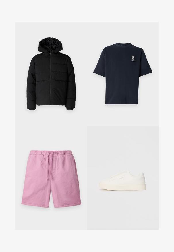 Must värvi puffernahk, millel on seljaed, kapuuts ja horisontaalne õmblusdisain. Valmistatud sujuvast, vastupidavast kangast ja ribakujuliste varrukaotste jaok.; Tumed sinine puuvillane T-särk lühikeste varrukatega, ümmarguse kaelusega ja väike tikand vasakul rinnal.; Heledad roosad lühikesed püksid pehmest materjalist, millel on elastne vöökoht ja pael, ning küljetaskud. Sirged sääred, ilma mustriteta.; Valged libisemiskindlad tossud tekstuuriga pinnaga, paksu tallaga ja minimalistikus disainis. Küljel on brändi logo.