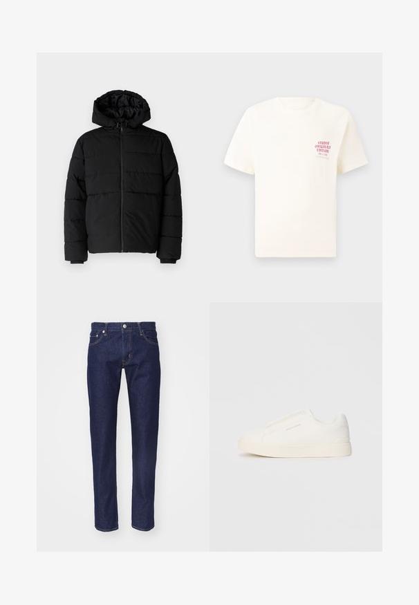 Giacca a vento nera con zip frontale, cappuccio e design a righe orizzontali. Realizzata in un tessuto liscio e resistente con polsini a coste.; T-shirt bianco a maniche corte con testo rosso "Studio Originals Edition" sul lato sinistro del petto, esposto su uno sfondo grigio neutro.; Jeans in denim blu navy con vestibilità dritta, design a cinque tasche, cuciture arancioni a contrasto e chiusura a bottone argentato in vita.; Sneakers bianchi slip-on con superficie texturizzata, suola spessa e design minimalista. Presentano il logo del marchio sul lato.