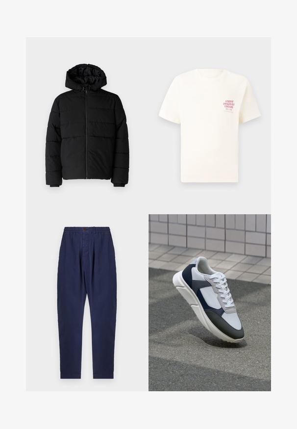Must värvi puffernahk, millel on seljaed, kapuuts ja horisontaalne õmblusdisain. Valmistatud sujuvast, vastupidavast kangast ja ribakujuliste varrukaotste jaok.; Valge lühikeste varrukatega T-särk, millel on vasakul rinnal punane tekst "Studio Originals Edition", esitatud neutraalsel hallil taustal.; Tumed sinised püksid, mis on valmistatud tekstuuriga kangast, elastse vöökoha, nööbiga sulgemise ja kahe esise pleidiga, et lisada disainile detaili.; Valge, mereväe sinine ja hall spordijalats, millel on segatud materjalide disain, tekstureeritud ülemine osa, lame pael ja pehme talla.