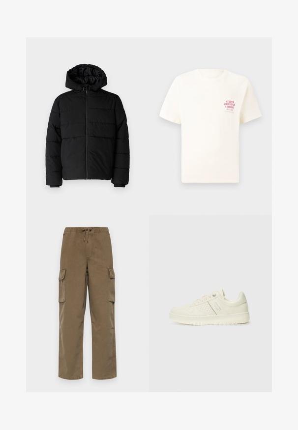 Black puffer jacket featuring a zip front, a hood, and horizontal quilted design. Made of a smooth, durable fabric with ribbed cuffs.; White short-sleeve T-shirt with red text "Studio Originals Edition" on left chest, displayed on a neutral gray background.; GAP BAGGY CARGO PULL ON - Cargo trousers - mud; Cream-colored sneaker with perforated detailing, laces, and logo on the side, displayed against a plain white background.