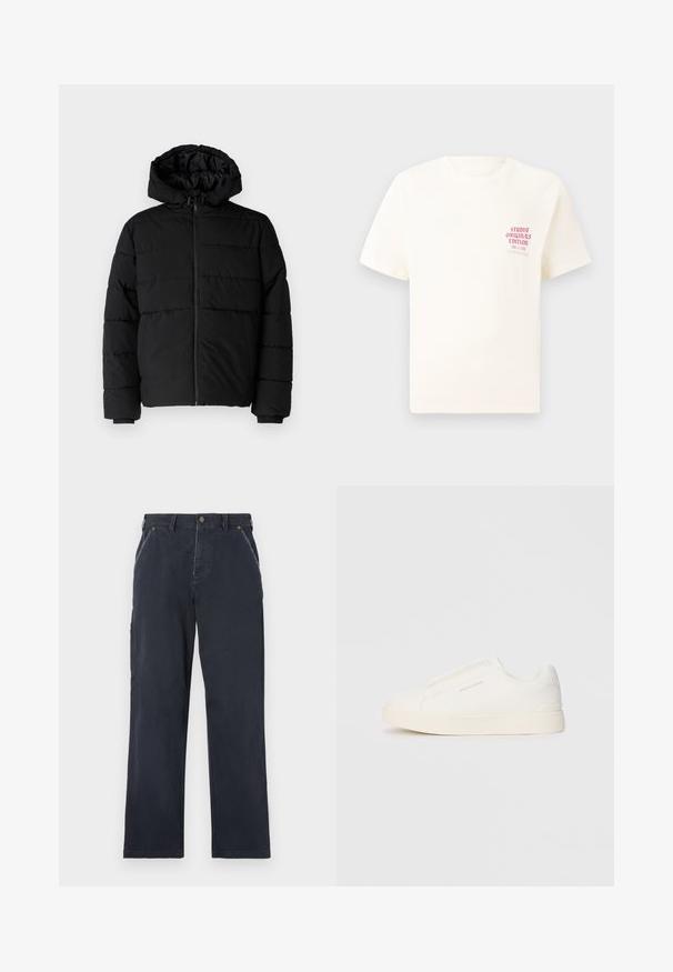Chaqueta acolchada negra con cremallera frontal, capucha y diseño acolchado horizontal. Fabricada con un tejido suave y duradero con puños acanalados.; Camiseta blanca de manga corta con el texto rojo "Edición de Studio Originals" en el lado izquierdo del pecho, exhibida sobre un fondo gris neutro.; Pantalones de algodón azul marino con un diseño de pierna recta. Cuenta con bolsillos delanteros, cierre de botón y detalles de costura visibles.; Zapatillas blancas tipo slip-on con una superficie texturizada, suela gruesa y diseño minimalista. Presenta el logo de la marca en un lado.