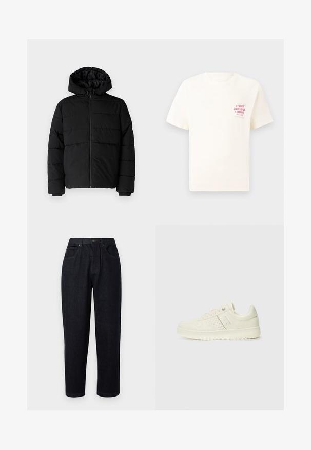 Casaco puffer preto com fecho de correr, capuz e design acolchoado horizontal. Feito de um tecido liso e durável com punhos canelados.; T-shirt branca de mangas curtas com o texto vermelho "Edição Originais do Estúdio" no lado esquerdo do peito, apresentada sobre um fundo cinza neutro.; Calças de ganga azul-escuro com um corte relaxado, apresentando fecho de botão e zip, dois bolsos frontais e detalhes em costura.; Sapatilha de cor creme com detalhes perfurados, atacadores e logotipo na lateral, apresentada contra um fundo branco liso.