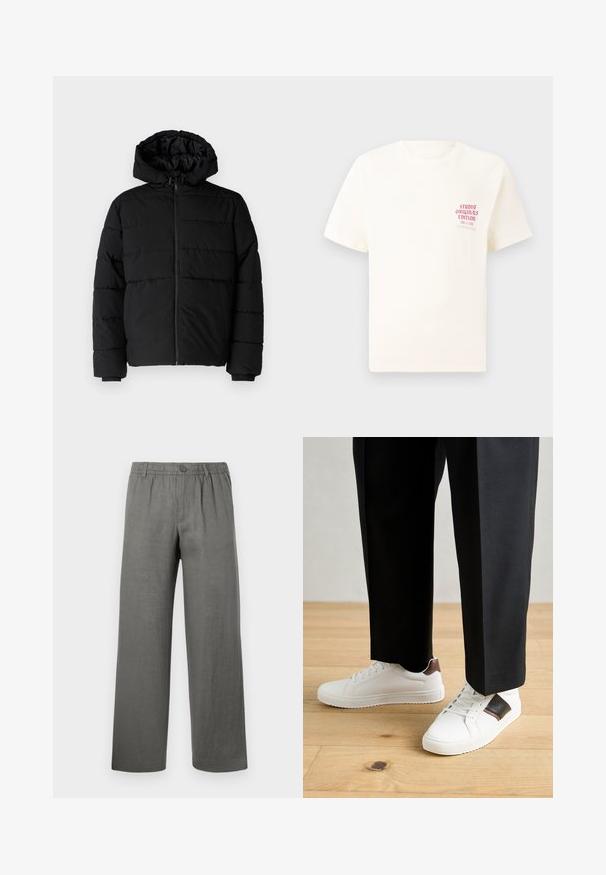Musta puhvijakku, jossa on vetoketjukiinnitys, huppu ja vaakasuora tikkauksen rakenne. Valmistettu sileästä, kestävästä kankaasta, jossa on röpelöiset hihansuut.; Valkoinen lyhythihainen t-paita, jossa on punainen teksti "Studio Originals Edition" vasemmalla rinnalla, esitetty neutraalilla harmaalla taustalla.; Harmaat pellavahousut, joissa on rento malli, joustava vyötärö, nappisulku ja suorat lahkeet. Tasainen kangas, minimalistinen muotoilu.; Valkoiset tennarit, joissa on sileä pinta, ruskealla nahka-akentilla ja mustilla yksityiskohdilla, yhdistetty mustiin räätälöityihin housuihin. Taustalla puulattia.