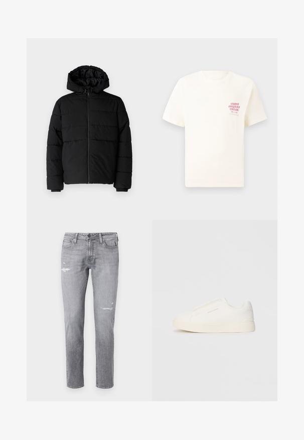 Juodas pūkinis švarkas su užtrauktuku priekyje, gaubtu ir horizontaliai siuvinėtu dizainu. Pagamintas iš lygaus, tvirto audinio su raukiniais ant rankovių.; Balta trumpa rankovėmis marškinėliai su raudonu užrašu "Studio Originals Edition" kairiajame krūtinės šone, rodomi neutralioje pilkoje aplinkoje.; Šviesiai pilki džinsai, pagaminti iš džinsinio audinio, su nudilimo detalėmis ir tiesaus kirpimo. Klasikinis penkių kišenių dizainas su metalinėmis detalėmis.; Baltos slip-on sportbačiai su tekstūruota paviršiumi, storesniu padu ir minimalistišku dizainu. Šone matosi prekės ženklo logotipas.