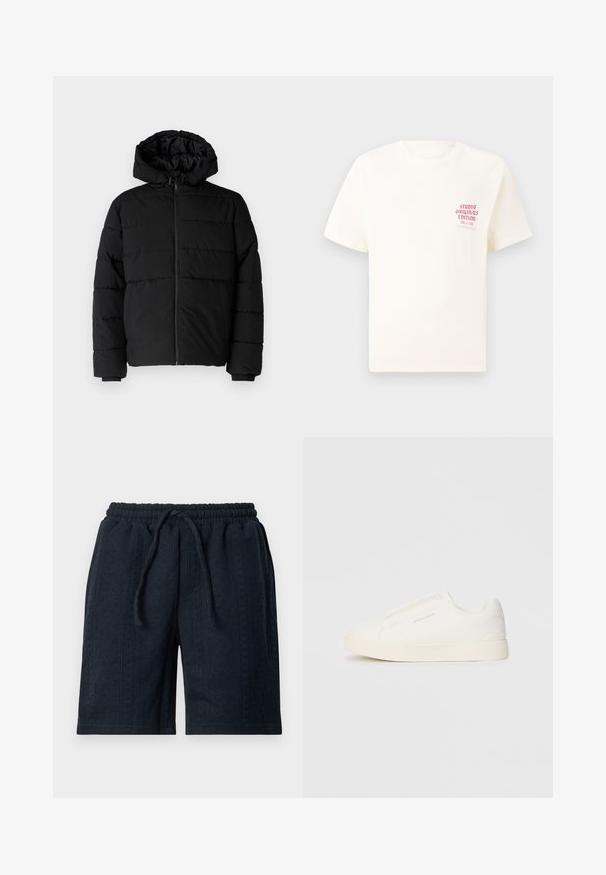 Juodas pūkinis švarkas su užtrauktuku priekyje, gaubtu ir horizontaliai siuvinėtu dizainu. Pagamintas iš lygaus, tvirto audinio su raukiniais ant rankovių.; Balta trumpa rankovėmis marškinėliai su raudonu užrašu "Studio Originals Edition" kairiajame krūtinės šone, rodomi neutralioje pilkoje aplinkoje.; Tamsiai mėlyni šortai, pagaminti iš tekstūruotos medžiagos, su elastinga juosta ir raišteliu. Turi subtilų raštą visame paviršiuje.; Baltos slip-on sportbačiai su tekstūruota paviršiumi, storesniu padu ir minimalistišku dizainu. Šone matosi prekės ženklo logotipas.