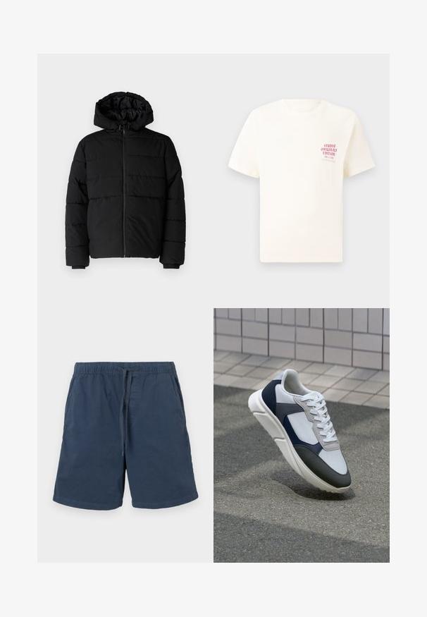 Giacca a vento nera con zip frontale, cappuccio e design a righe orizzontali. Realizzata in un tessuto liscio e resistente con polsini a coste.; T-shirt bianco a maniche corte con testo rosso "Studio Originals Edition" sul lato sinistro del petto, esposto su uno sfondo grigio neutro.; Pantaloni corti blu navy in cotone con vita elasticizzata e cordoncino. Presentano tasche laterali e un taglio dritto.; Sneaker bianca, blu navy e grigia con un design a materiali misti, caratterizzata da una tomaia testurizzata, lacci piatti e una suola imbottita.