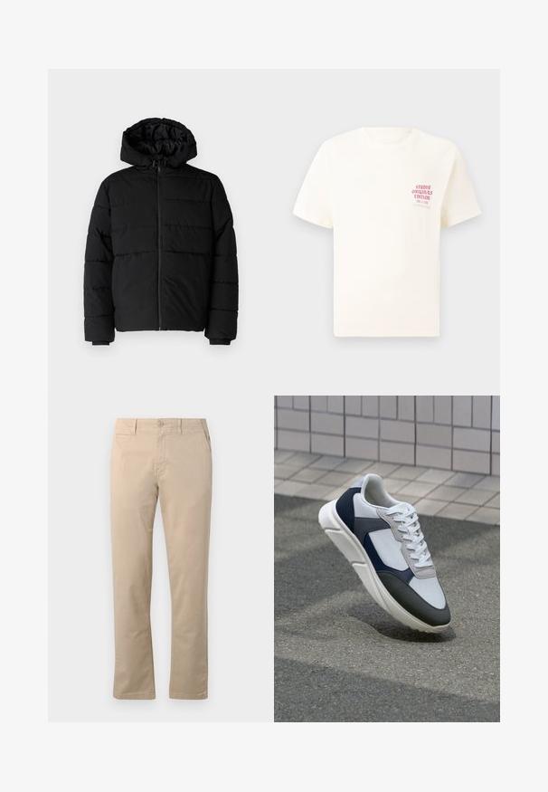Svart boblejakke med glidelås foran, hette og horisontalt quiltet design. Laget av et glatt, slitesterkt stoff med ribbede cuffs.; Hvit T-skjorte med korte ermer og rød tekst "Studio Originals Edition" på venstre bryst, vist på en nøytral grå bakgrunn.; Beige chinos laget av bomull, med rett ben-design, tradisjonell knappelukking, og sidelommer med rene sømmer.; Hvitt, marineblått og grått sportsko med en blandet materialdesign, som har en teksturert overdel, flate snørebånd og en polstret såle.