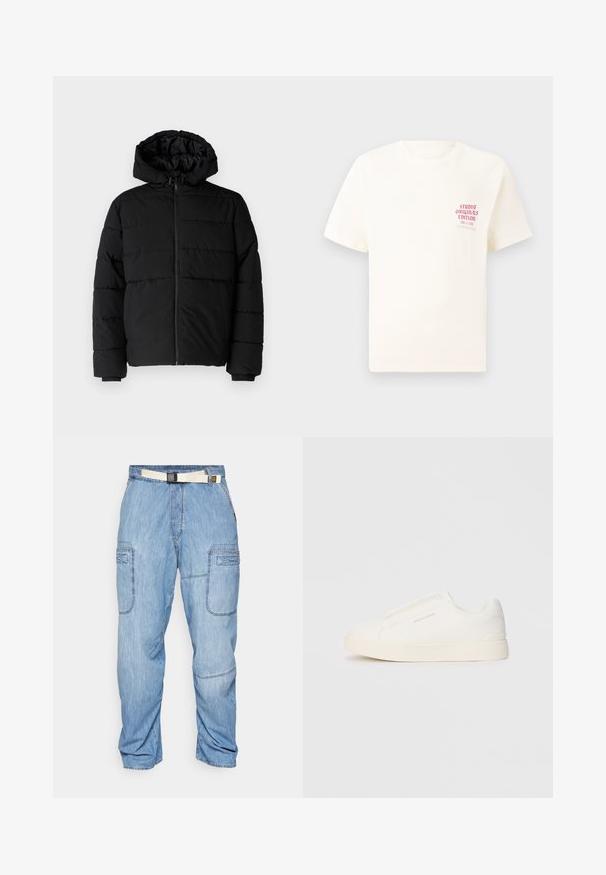 Černá péřová bunda s předním zipem, kapucí a vodorovným prošíváním. Vyrobena z hladké a odolné látky s žebrovanými manžetami.; Bílý krátký rukávový tričko s červeným textem "Studio Originals Edition" na levé hrudi, vystavené na neutrálním šedém pozadí.; Světle modré džíny s volným střihem, které mají několik kapes a kontrastní bílý pásek. Hladký povrch s viditelným švem.; Bílé slip-on tenisky s texturovaným povrchem, silnou podešví a minimalistickým designem. Na boku je umístěno logo značky.