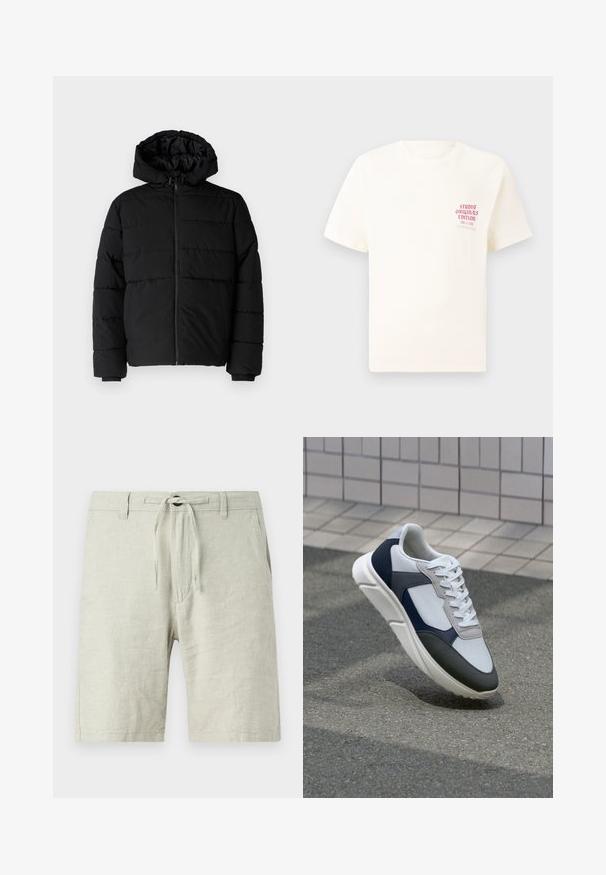 Černá péřová bunda s předním zipem, kapucí a vodorovným prošíváním. Vyrobena z hladké a odolné látky s žebrovanými manžetami.; Bílý krátký rukávový tričko s červeným textem "Studio Originals Edition" na levé hrudi, vystavené na neutrálním šedém pozadí.; Světlé šedé lněné šortky s elastickým stahovacím pasem, bočními kapsami a volným střihem. Texturovaná tkanina s mírným leskem.; Bílé, námořnické a šedé tenisky s kombinovaným materiálovým designem, který zahrnuje texturovaný svršek, ploché šňůrky a polstrovanou podešev.