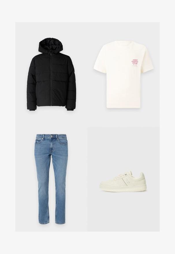 Čierna puff jacket s predným zipsom, kapucňou a horizontálnym prešívaním. Vyrobená z hladkej, odolnej tkaniny s rebrovanými manžetami.; Biele tričko s krátkym rukávom s červeným textom "Studio Originals Edition" na ľavej hrudi, zobrazené na neutrálnom šedom pozadí.; Modré rovné džínsy s prednými vreckami, pútkami na opasok a gombíkovým zapínaním.; Krémová teniska s perforovanými detailmi, šnúrkami a logom na boku, vystavená na jednoduchej bielej pozadí.