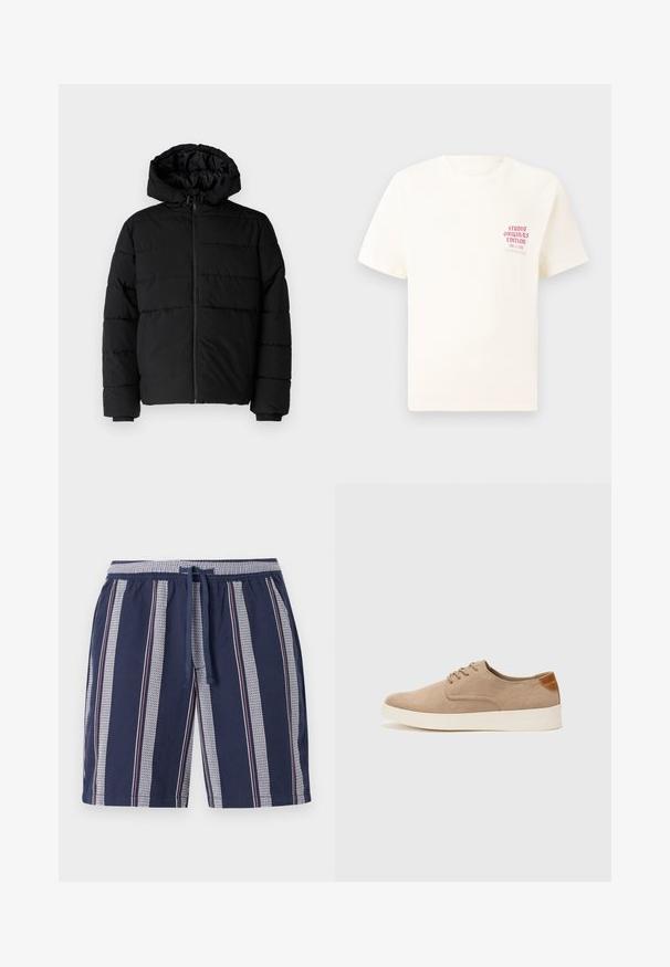 Svart puffjacka med dragkedja fram, huva och horisontellt quiltat mönster. Tillverkad av ett slätt, hållbart tyg med ribbade ärmslut.; Vit kortärmad T-shirt med röd text "Studio Originals Edition" på vänster bröst, är uppställd på en neutral grå bakgrund.; Marinblå badshorts med vertikalt randigt mönster i vitt och rött, elastisk midja och dragsko, tillverkade av lättviktsmaterial.; Beige mockasinsneakers med rund tå, snörning fram och texturerad bakaxel. Vit gummisula ger kontrast. Enkelt och modernt design.