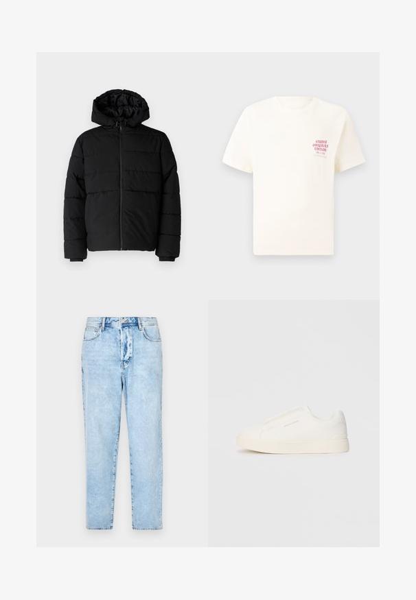 Crni puffer kaput s patentnim zatvaračem sprijeda, kapuljačom i horizontalnim šavovima. Izrađen od glatkog, izdržljivog materijala s rebrastim manžetama.; Bijela kratka majica s kratkim rukavima s crvenim natpisom "Studio Originals Edition" na lijevoj strani grudi, prikazana na neutralnoj sivoj pozadini.; Svijetloplave traperice ravnog kroja, sa pet džepova i kopčanjem na dugme. Oštećena tekstura s izbjeljenim dijelovima.; Bijele slip-on tenisice s teksturiranom površinom, debelim đonom i minimalističkim dizajnom. Sadrže logo branda sa strane.