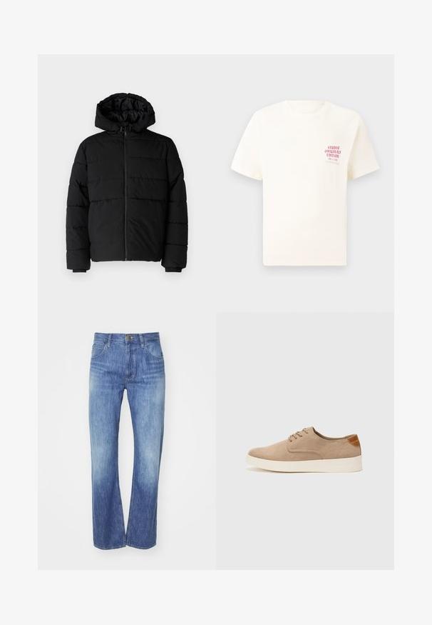 Black puffer jacket featuring a zip front, a hood, and horizontal quilted design. Made of a smooth, durable fabric with ribbed cuffs.; White short-sleeve T-shirt with red text "Studio Originals Edition" on left chest, displayed on a neutral gray background.; Light blue denim jeans with a straight leg cut, featuring a slight fade, five pockets, and a button closure at the waistband.; Beige suede sneakers with a rounded toe, lace-up front, and a textured back accent. White rubber sole provides contrast. Simple and modern design.