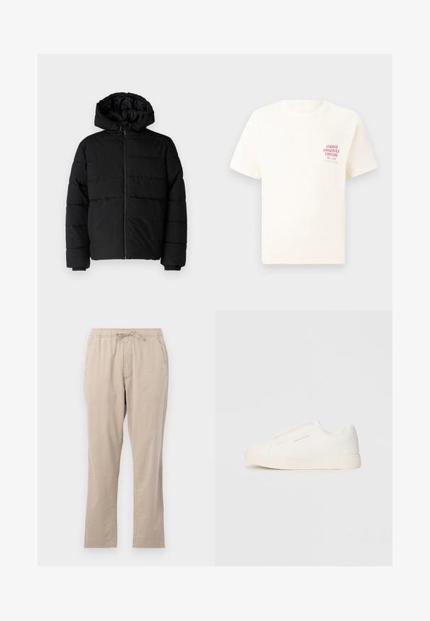 Black puffer jacket featuring a zip front, a hood, and horizontal quilted design. Made of a smooth, durable fabric with ribbed cuffs.; White short-sleeve T-shirt with red text "Studio Originals Edition" on left chest, displayed on a neutral gray background.; Beige, lightweight pants with an elasticized waistband, front pockets, and drawstring. Smooth texture and straight leg design.; White slip-on sneakers with a textured surface, a thick sole, and minimalistic design. Features brand logo on the side.