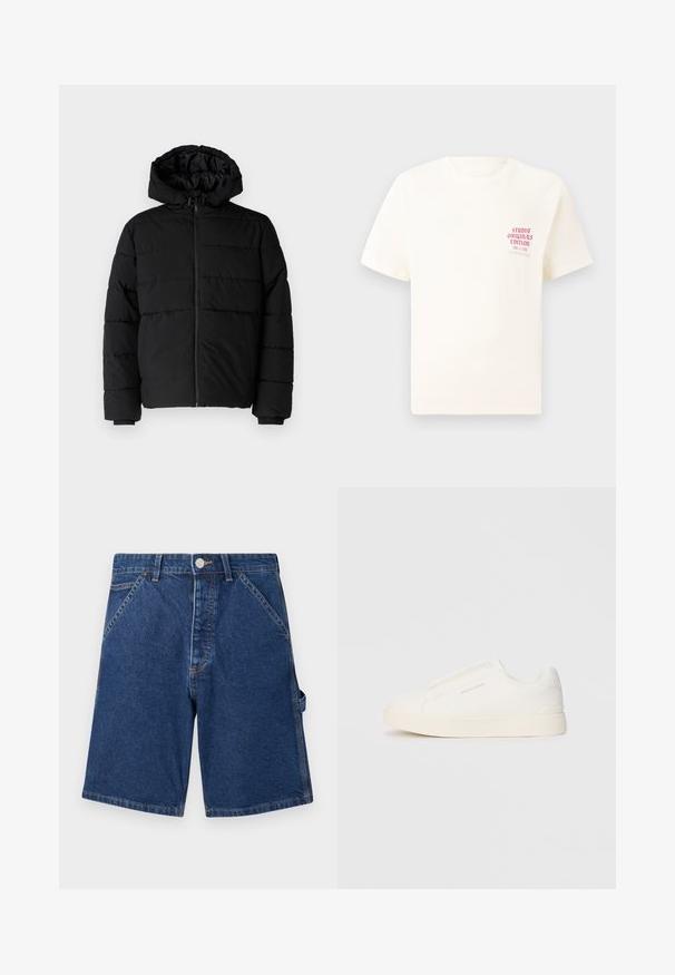Crni puffer kaput s patentnim zatvaračem sprijeda, kapuljačom i horizontalnim šavovima. Izrađen od glatkog, izdržljivog materijala s rebrastim manžetama.; Bijela kratka majica s kratkim rukavima s crvenim natpisom "Studio Originals Edition" na lijevoj strani grudi, prikazana na neutralnoj sivoj pozadini.; Traperice kratke hlače u tamnoplavoj boji, sa klasičnim dizajnom od pet džepova, metalnim kopčanjem i vidljivim šavovima duž rubova.; Bijele slip-on tenisice s teksturiranom površinom, debelim đonom i minimalističkim dizajnom. Sadrže logo branda sa strane.