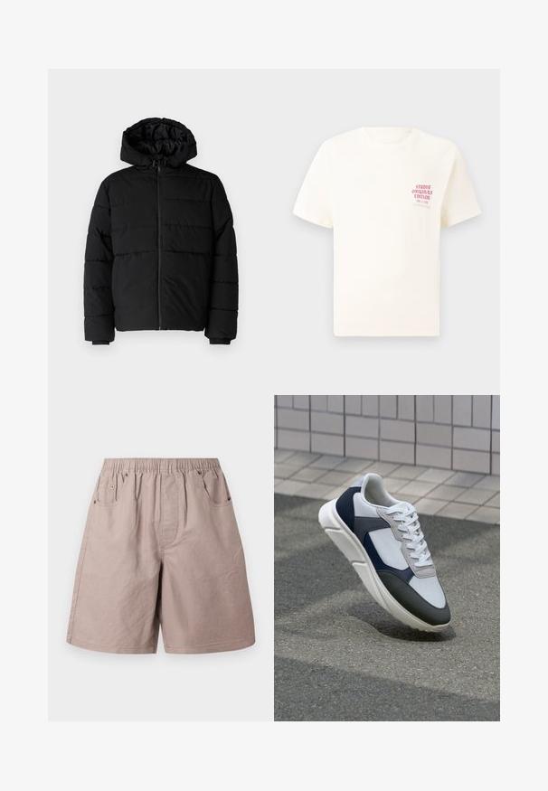 Chaqueta acolchada negra con cremallera frontal, capucha y diseño acolchado horizontal. Fabricada con un tejido suave y duradero con puños acanalados.; Camiseta blanca de manga corta con el texto rojo "Edición de Studio Originals" en el lado izquierdo del pecho, exhibida sobre un fondo gris neutro.; Bermudas de algodón beige con cintura elástica, dos bolsillos laterales y sutiles detalles de costura. Textura suave, diseño hasta la rodilla.; Zapatilla blanca, azul marino y gris con un diseño de materiales mixtos, que presenta una parte superior texturizada, cordones planos y una suela acolchada.