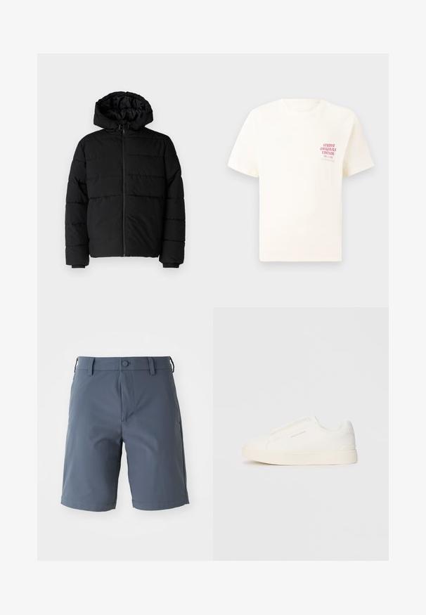 Jachetă puffer neagră cu fermoar în față, glugă și un design matlasat orizontal. Fabricată dintr-un material neted și rezistent, cu manșete ribbate.; Tricou alb cu mânecă scurtă, având text roșu "Studio Originals Edition" pe partea stângă a pieptului, expus pe un fundal gri neutru.; Shorts griș, lungime până la genunchi, fabricate dintr-un material ușor; au un sistem de închidere cu buton, bucle pentru curea și buzunare laterale cu o textură netedă.; Tenisi albi slip-on cu o suprafață texturată, talpă groasă și un design minimalist. Prezintă logo-ul brandului pe lateral.